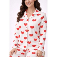 Fames Kırmızı Kalp Desenli Düğmeli Uzun Kollu Kadın Pijama Takımı