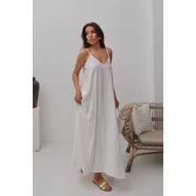 Bacc Beyaz V Yaka Askılı Uzun Astarlı Salaş Elbise BCRU-261300