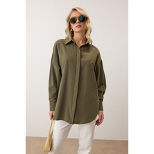 Bacc Haki Uzun Kollu Oversize Poplin Gömlek BCRU-261305