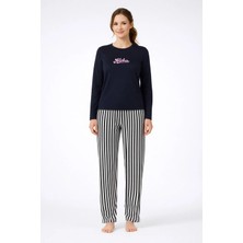 Fames Aloha Baskılı Uzun Kollu Kadın Pijama Takımı – Lacivert & Çizgili