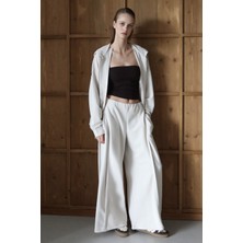 Bacc Beyaz Yüksek Bel Çift Cepli Palazzo Dokuma Pantolon BCRU-261309