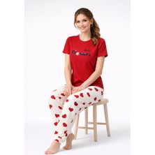 Fames Kadın Kalp Desenli Kırmızı Pijama Takımı – Yumuşak Pamuklu Ev Giyimi