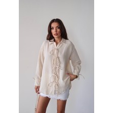 Bacc Krem Düğme Detaylı Bağlamalı Müslin Gömlek BCRU-261295