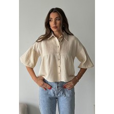 Bacc Krem Kısa Kol Müslin Kumaş Premium Gömlek BCRU-261292