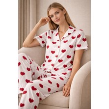 Fames Kalpli Beyaz Düğmeli Kadın Pijama Takım