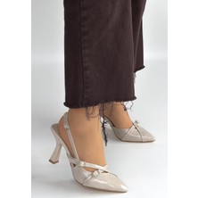 Alfaze Bej Rugan Sivri Burun Topuklu Ayakkabı Topuk Boyu 9 cm