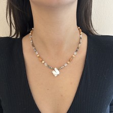 Suerte Accessories El Yapımı Akik Ay Taşı Hematit Doğal Taş Barok Inci Uçlu Minimal Doğaltaş Kolye