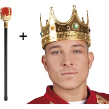 Fantastik Store Altın Renk 60 cm Kral Tacı Kraliyet Tacı ve Kırmızı Topuzlu Kral Asası Seti - Lisinya