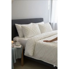 Swita Geometrik Iskandinav Çift Kişilik Yatak Örtüsü 240 x 250 cm ve 2 Adet Yastık Ekru Renk Şönil Nakışlı