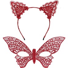 Fantastik Store Gösterişli Kırmızı Dantel Maske ve Taç Seti 7 No – Masquerade ve Davetler Için - Lisinya