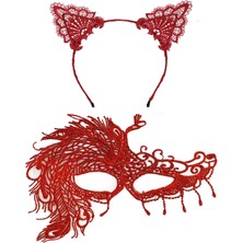 Fantastik Store Alevin Zarafeti Kırmızı Dantel Maske ve Taç Seti 4 No – Kadın Kostüm Tamamlayıcı - Lisinya