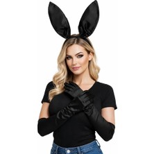 Fantastik Store Siyah Parlak Tavşan Kulak ve 40 cm Parlak Siyah Eldiven Kostüm Seti - Lisinya