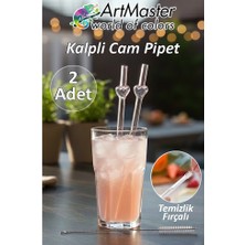 ArtMaster Kalp Desenli Cam Pipet 2 Adet 20 cm Kalpli Cam Pipet Şeffaf Pembe Temizlik Fırçalı Cam Pipet 2 Adet Kalp Şekilli Pipet