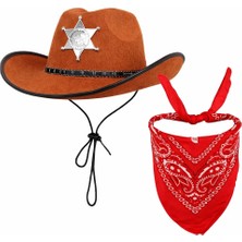 Fantastik Store Çocuk Kovboy Şapka Rozetli Kahverengi  Kırmızı Bandana Seti - Lisinya