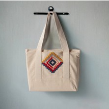 Swita Punch Işlemeli Desenli Keten Omuz Çantası, Plaj Çantası, El Çantası %100 Pamuk 36X29 cm