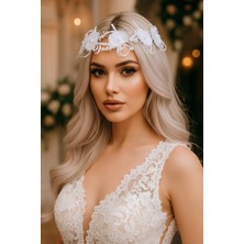 Caş Dekorasyon Gümüş Renk Çiçekli Incili Saç Aksesuarı Alınlık