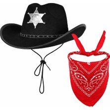 Fantastik Store Çocuk Kovboy Şapka Rozetli Siyah  Kırmızı Bandana Seti - Lisinya