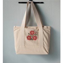 Swita Punch Işlemeli Desenli Keten Omuz Çantası, Plaj Çantası, El Çantası %100 Pamuk 36X29 cm