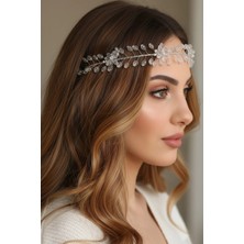 Caş Dekorasyon Gümüş Renk Çiçekli Taşlı Saç Aksesuarı Alınlık