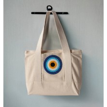 Swita Punch Işlemeli Desenli Keten Omuz Çantası, Plaj Çantası, El Çantası %100 Pamuk 36X29 cm