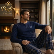 Tarık Erkek Lacivert Düğmeli Hakim Yaka Ekose Desenli Pamuklu Mevsimlik Penye Pijama Takımı