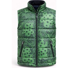 Bluesoil Yeşil Desenli Erkek Şişme Yelek Dik Yaka Fermuarlı Cepli Hafif Dolgulu Günlük Kullanım