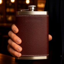 Braventa Collection 8 Oz 235 cc Hunili Kızıl Kahverengi Hakiki Deri Kılıflı Çelik Viski Içki Matarası Babalar Günü Hediy