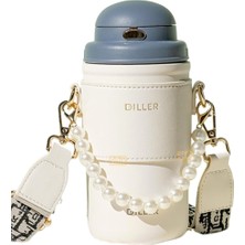 Braventa Collection Diller 580ML Moda Deri Kılıflı Inci Süslü Pipetli Askılı Paslanmaz Çelik Termos Matara (Lacivert-Bey
