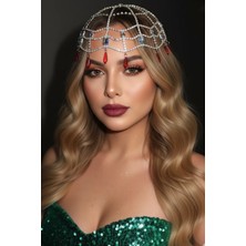 Caş Dekorasyon Gümüş Renk Kırmızı Taşlı Saç Aksesuarı Kına Aksesuarı