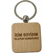 Kişiye Özel Kare Ahşap Anahtarlık – Isim Soyisim ve Telefon Numarası Yazılı Lazer Gravür Anahtarlık – Kişisel & Acil Durum Anahtarlığı