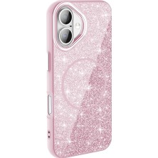 Braventa Collection Için Uyumlu iPhone 16 Kılıf M-Safe Şarj Özellikli Parlayan Simli Okso Kapak Pembe