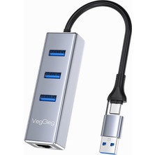 Braventa Collection Veggieg USB ve Type-C Gigabit Ethernet Adaptörü 3 Port USB 3.0 Çoklayıcı Hub