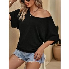 La Mode Istanbul Kadın Tek Omuzu Açık Kısa Kollu Salaş Viskon Bluz