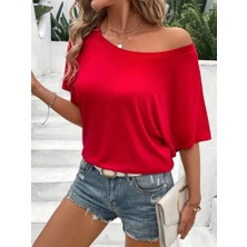 Equri Kadın Tek Omuzu Açık Kısa Kollu Salaş Viskon Bluz