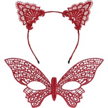 LTG Nova Mey Ithalat® Gösterişli Kırmızı Dantel Maske ve Taç Seti 7 No – Masquerade ve Davetler Için