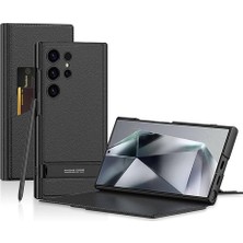 Braventa Collection S24 Ultra ile Uyumlu Suni Deri Dokulu Folyo Kapaklı Kart Yuvalı Destek Çubuklu 360° Koruma Telefon K