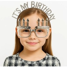 Evvano It's My Birthday Yazılı Taç ve Mum Şekilli Gözlük Seti Gümüş Renk