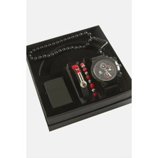 Bijuteri Net Kayışlı Kol Saati Tesbih Bileklik ve Çakmak Kutulu Set