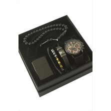 Bijuteri Net Kayışlı Kol Saati Tesbih Bileklik ve Çakmak Kutulu Set