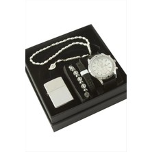 Bijuteri Net Kayışlı Kol Saati Tesbih Bileklik ve Çakmak Kutulu Set