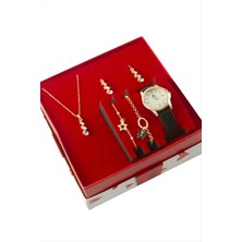 Bijuteri Net Kayışlı Bayan Kol Saati ve Takı Seti Kombini