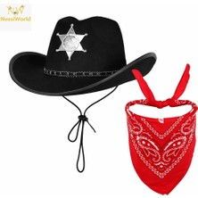 Butik Mey Ithalat® Çocuk Kovboy Şapka Rozetli Siyah &amp; Kırmızı Bandana Seti