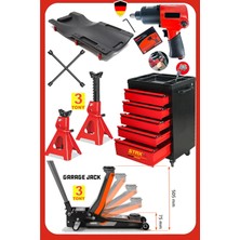 Staxx Power Atölye Kurulum Seti – 3 Ton Alçak Şase Kriko + Sehpa + 5 Çekmece Dolap + Havalı Bijon + Kızak Full