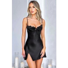 Aria's Closet Arias Closet Özel Tasarım Yırtmaçlı Ince Askılı Dantel Işlemeli Siyah Mini Saten Gecelik