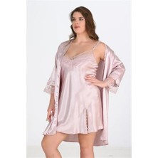 Aria's Closet Arias Closet Premium Büyük Beden Saten Dantel Işlemeli Pudra 2'li Gecelik Sabahlık Takımı Bigsize