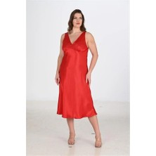 Aria's Closet Arias Closet Premium Büyük Beden Saten Dantel Işlemeli Kırmızı 2'li Gecelik Sabahlık Takımı Bigsize