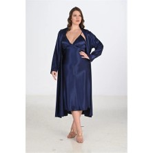 Aria's Closet Arias Closet Premium Büyük Beden Saten Lacivert Uzun 2'li Gecelik Sabahlık Takımı Bigsize