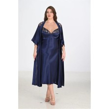 Aria's Closet Arias Closet Premium Büyük Beden Saten Dantel Işlemeli Lacivert Uzun 2'li Gecelik Sabahlık Takımı Bigsize