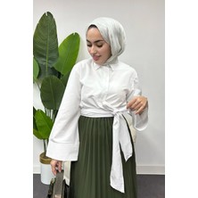 Tesettür Diyarı Kadın Bağlama Detaylı Gömlek -Beyaz