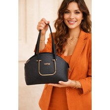 Canaris Kadın Omuz Çantası Siyah | Gold U Halka Detaylı | Uzun Askılı Vegan Deri Şık Kol ve Omuz Çantası